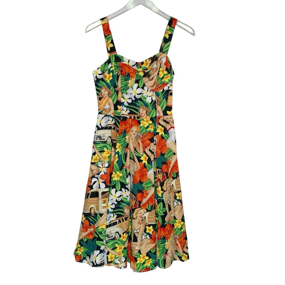 Belle Poque Retro Tiki Tropical Fit Flare Dress S 50s Pinup Girl Floral